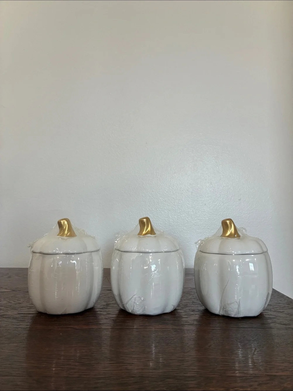 NWT- Set of 3- White Ceramic Pumpkin Jars with Lid & Gold Stems